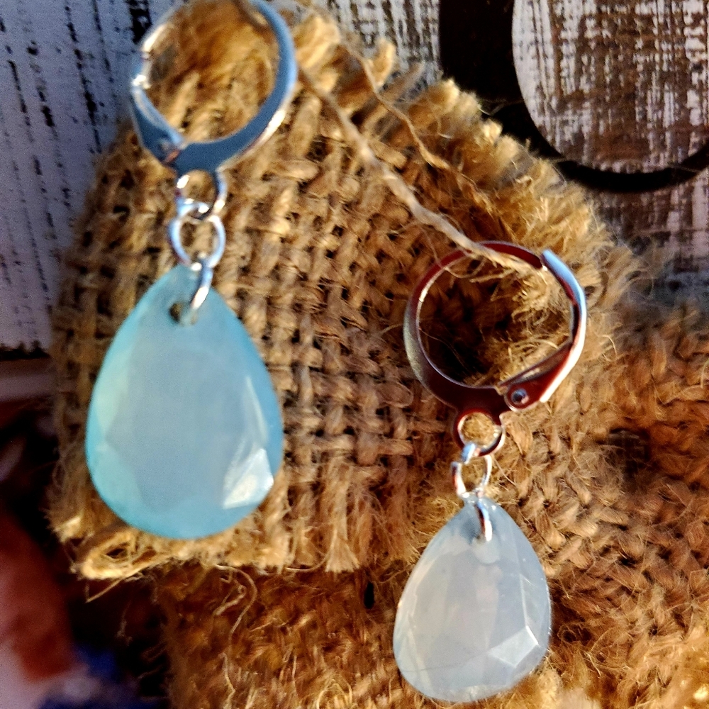 Sterling Drop Hoop Blue Earrings